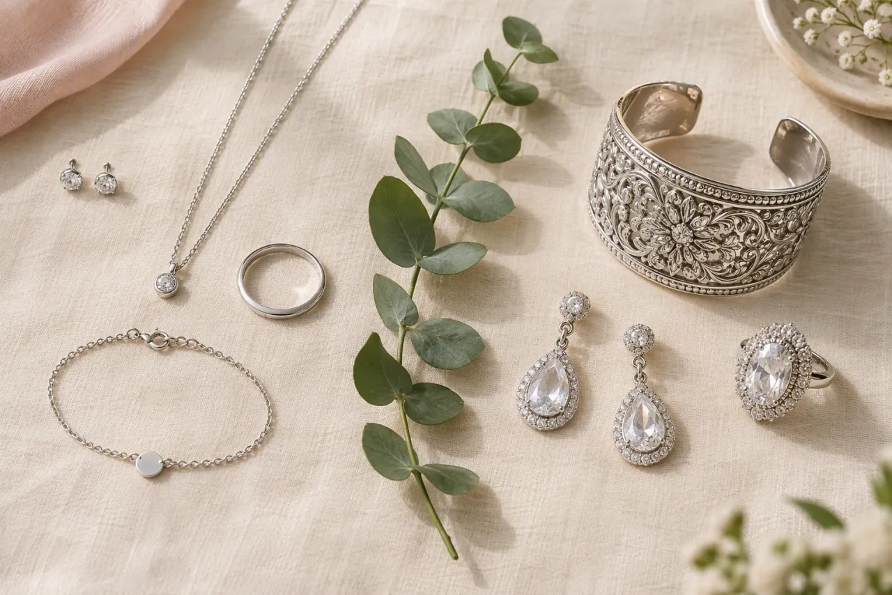 A flat lay of simple everyday silver pieces beside larger statement pieces on champagne linen.