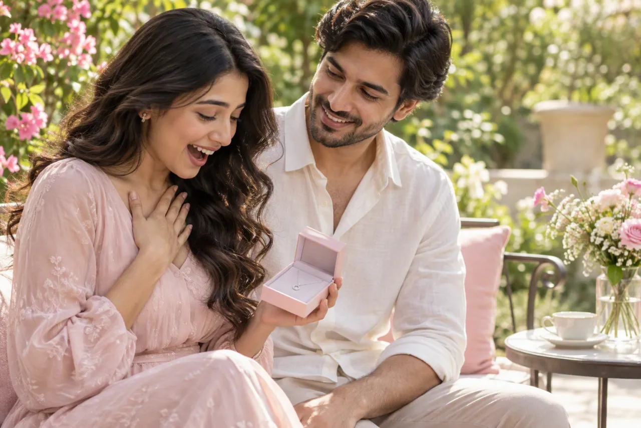 A young Indian couple in a sunlit garden, the woman opening a small jewellery box with delight.