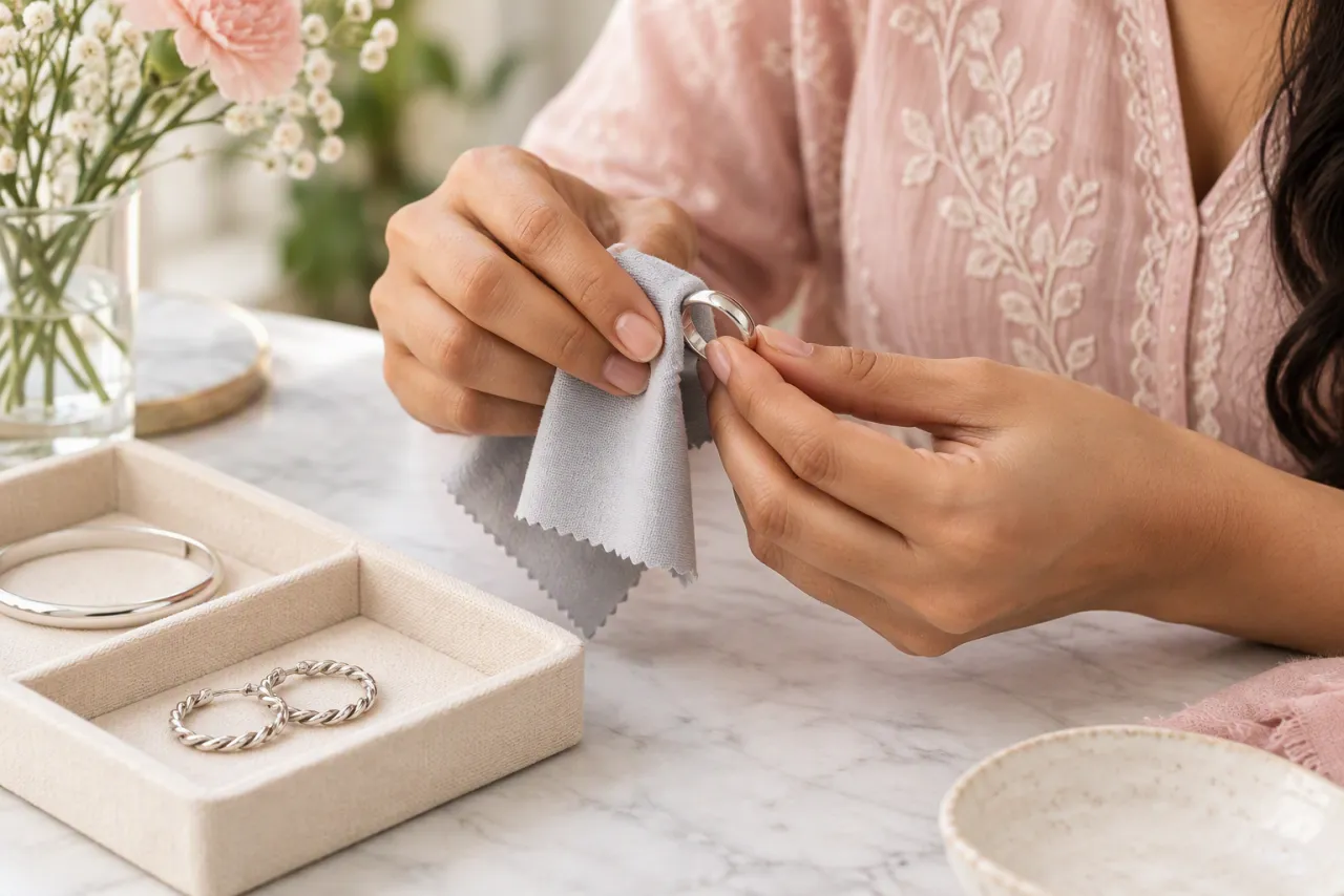 Hands gently polishing a silver ring with a soft cloth.