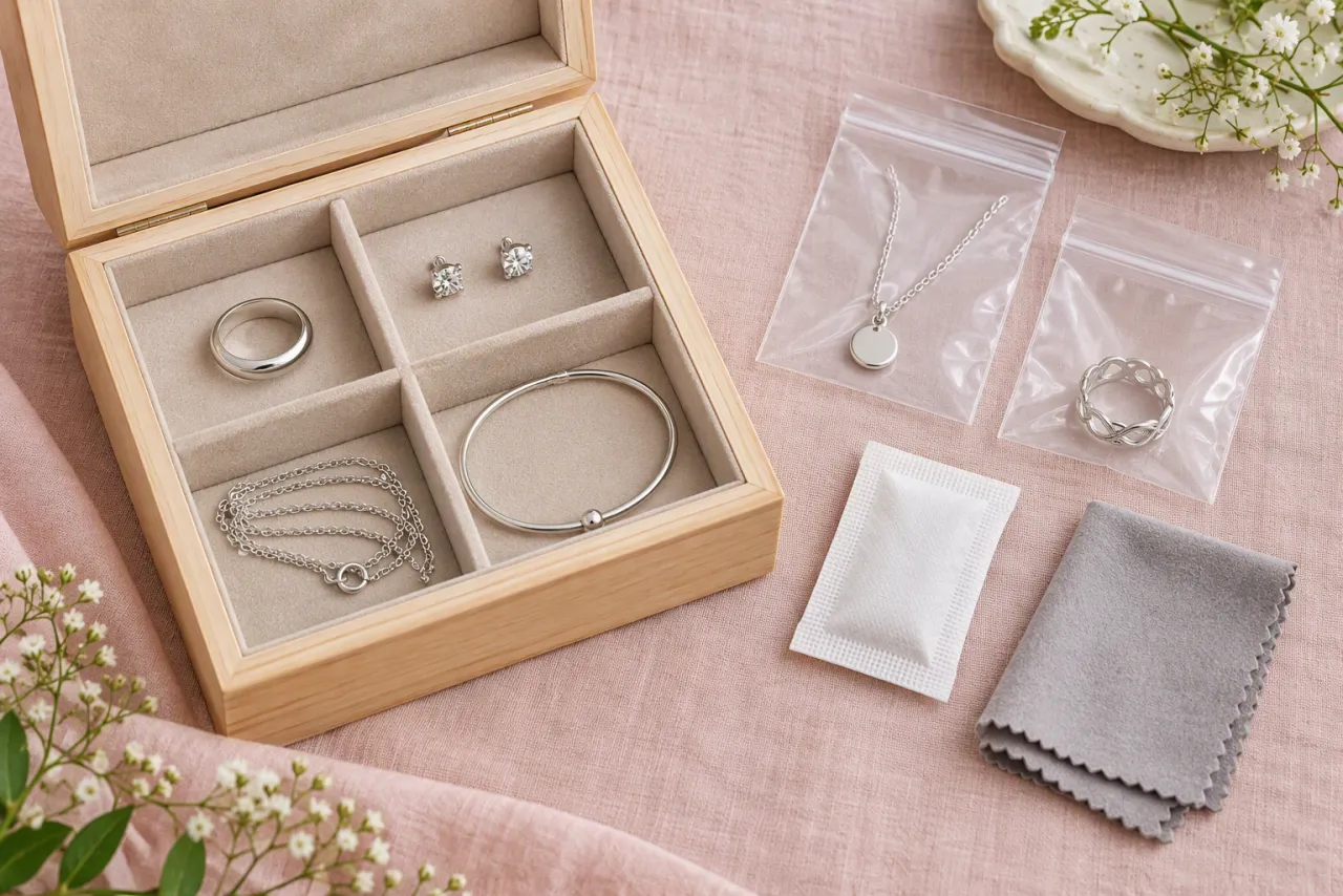 A jewellery box with separate compartments, small zip pouches and a silica gel sachet holding silver pieces.