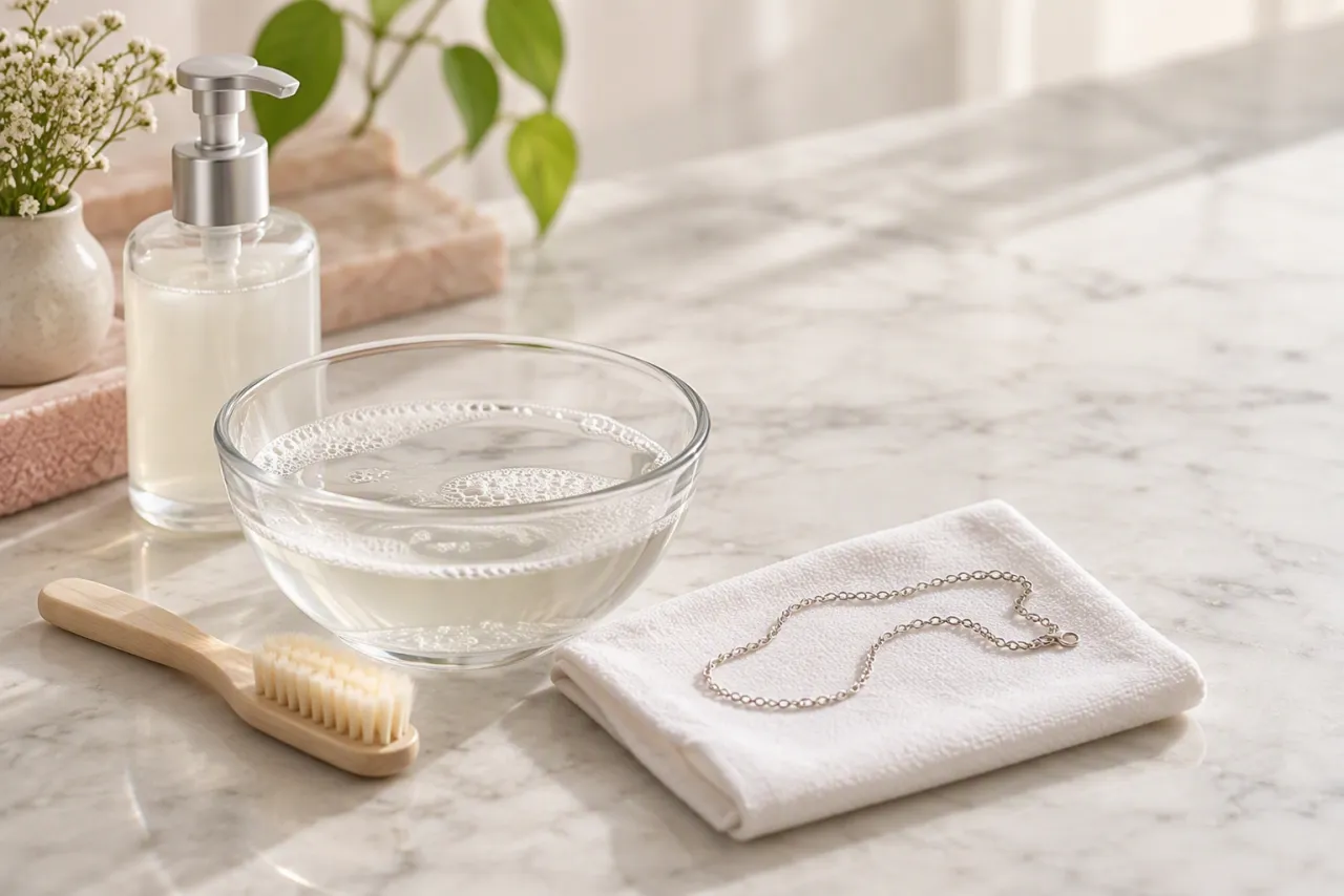 A small glass bowl of soapy water beside a soft brush, a silver chain and a folded towel.