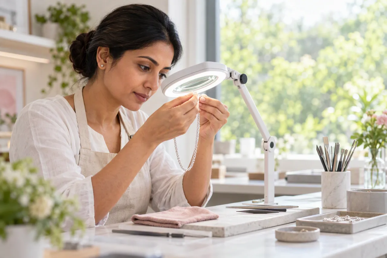 A jeweller examining a silver chain under a bench magnifier in a bright workshop.