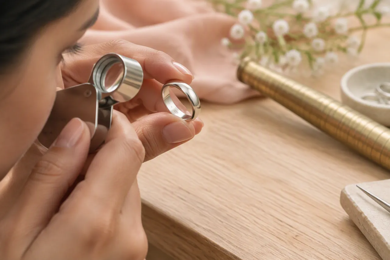 A jeweller's hand holding a loupe to the inside of a plain silver ring.