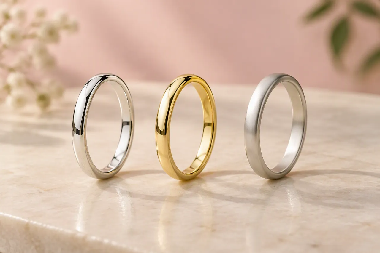 Three plain band rings side by side on ivory stone, in bright white, warm gold and soft grey silver finishes.