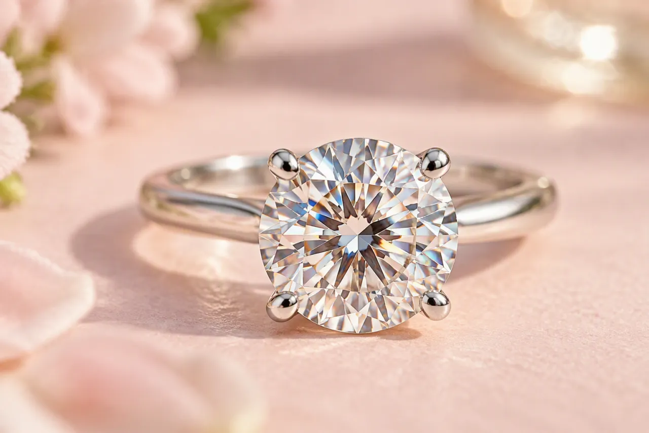 A round clear stone in a four-prong silver setting, throwing flashes of rainbow colour.