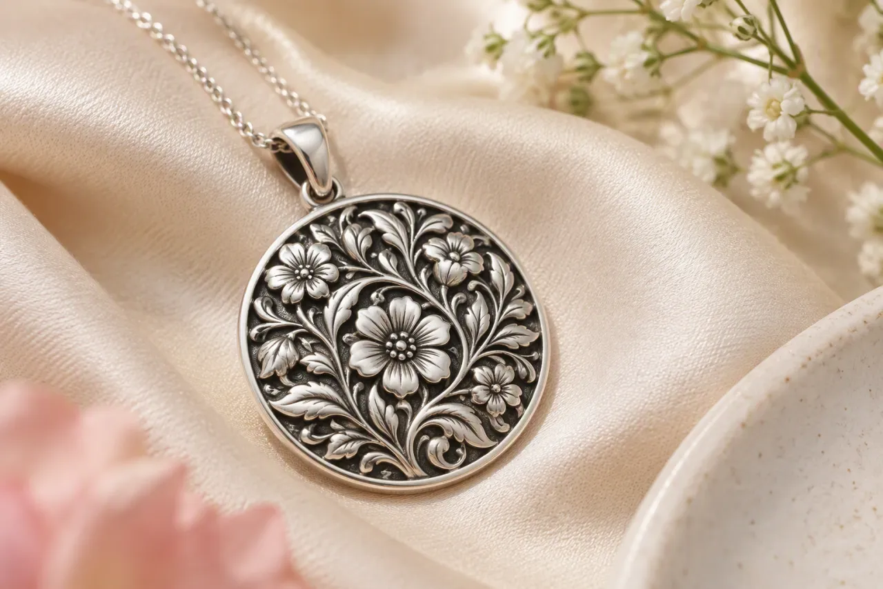 A silver pendant with a floral pattern whose recesses have been darkened on purpose.