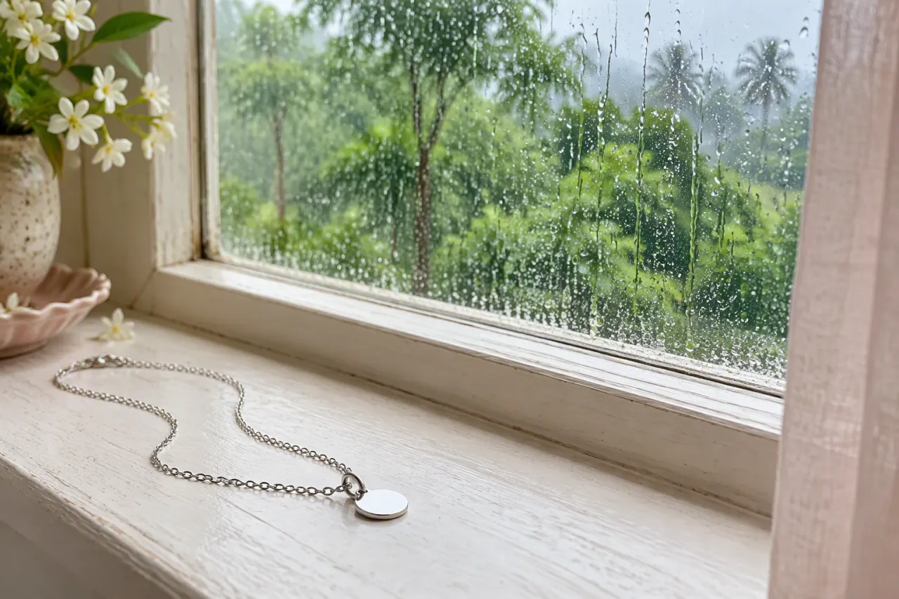 A silver chain left on a rain-streaked windowsill during the monsoon, with green foliage outside.