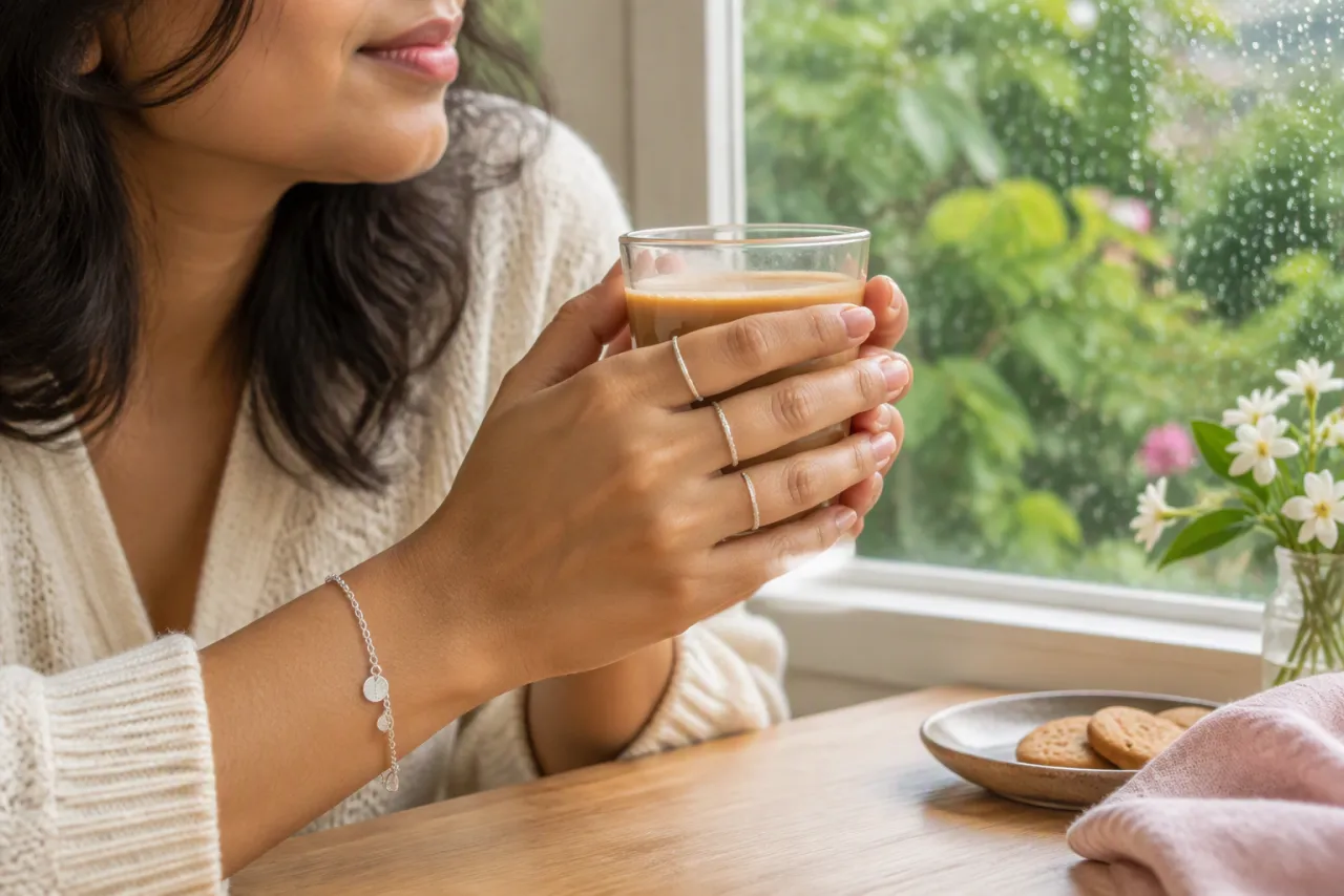 Hands wearing slim silver rings and a fine bracelet, holding a cup of chai by a window.