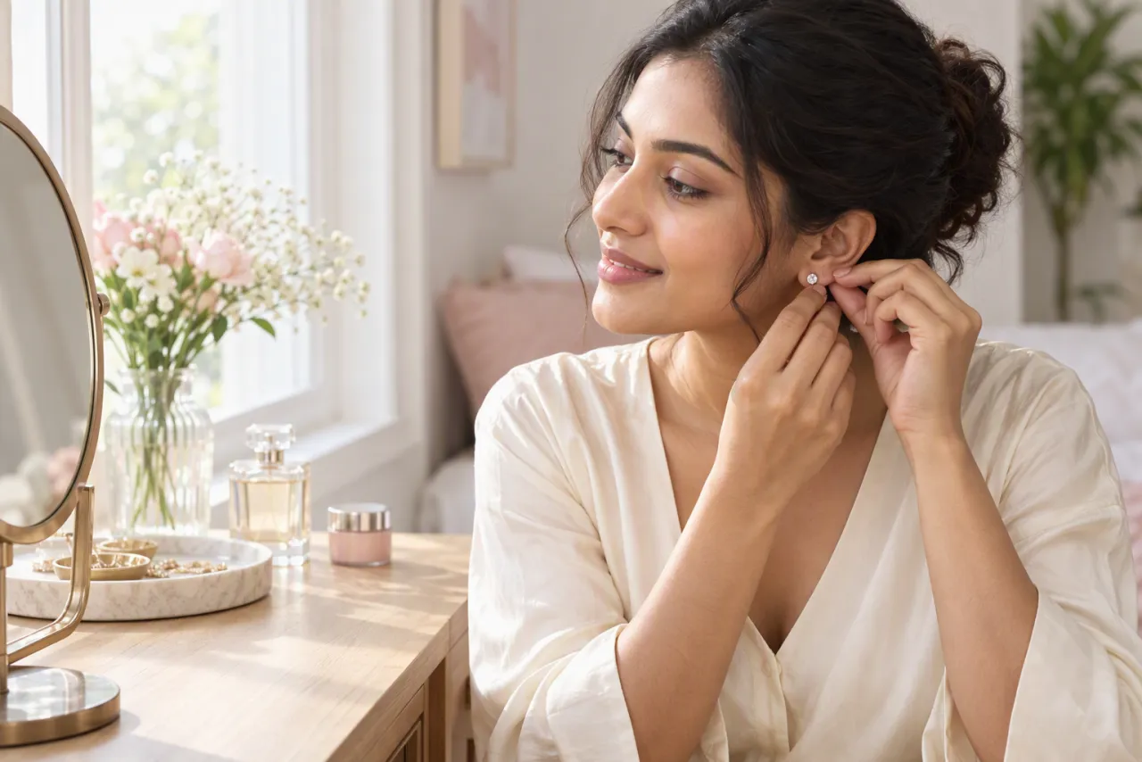 A woman at a sunlit dressing table fastening a small silver stud earring, a perfume bottle set aside.