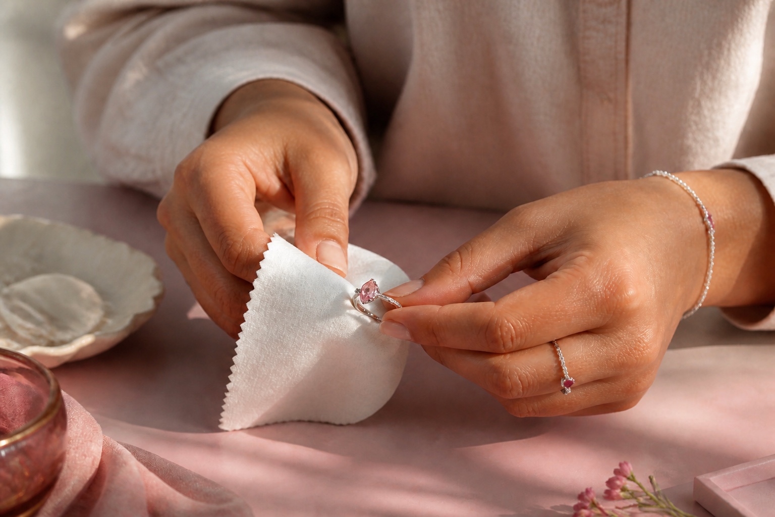 A person gently wiping a silver ring with a soft cloth