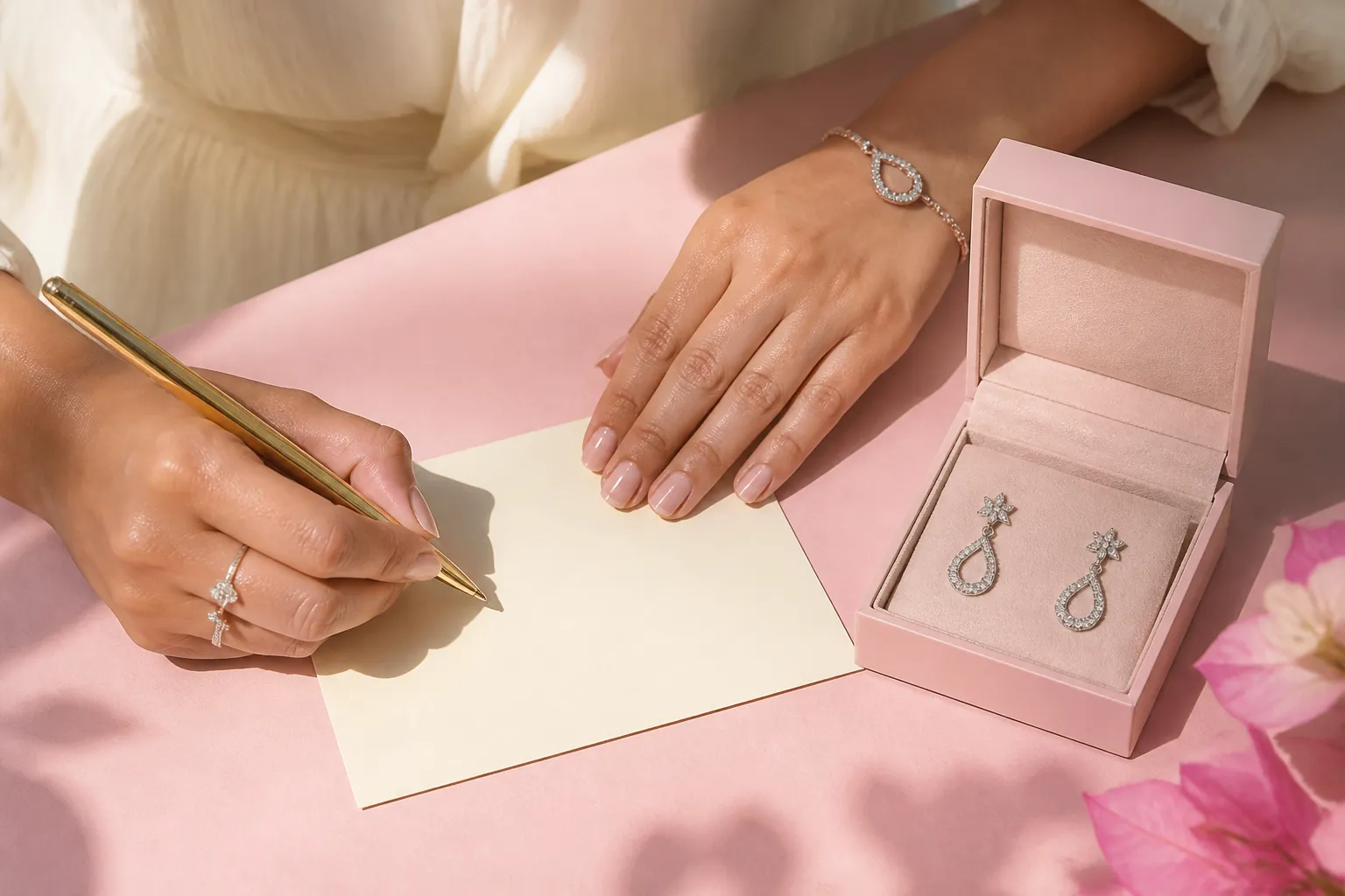 A hand writing a note at a pink table, beside an open box of silver earrings