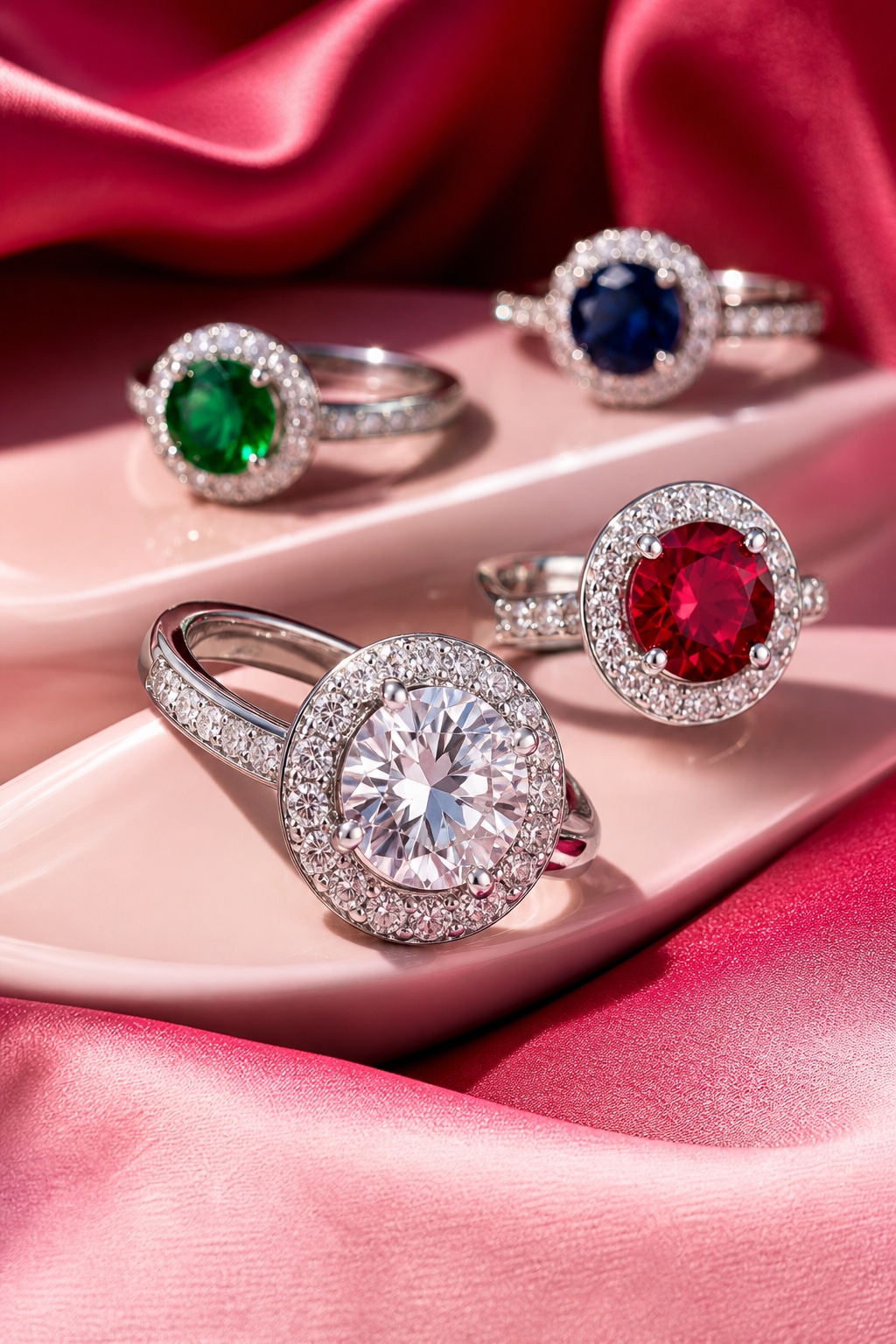 Four silver halo rings with clear, red, green and blue stones in a campaign still life
