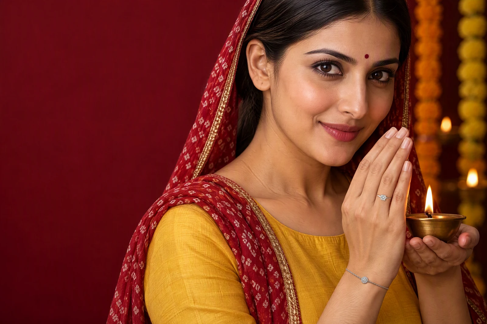 A woman in a red bandhani dupatta and a yellow kurta sheltering the flame of a diya, marigold garlands behind her, wearing the Classic Solitaire Ring and the Celeste Halo Bracelet