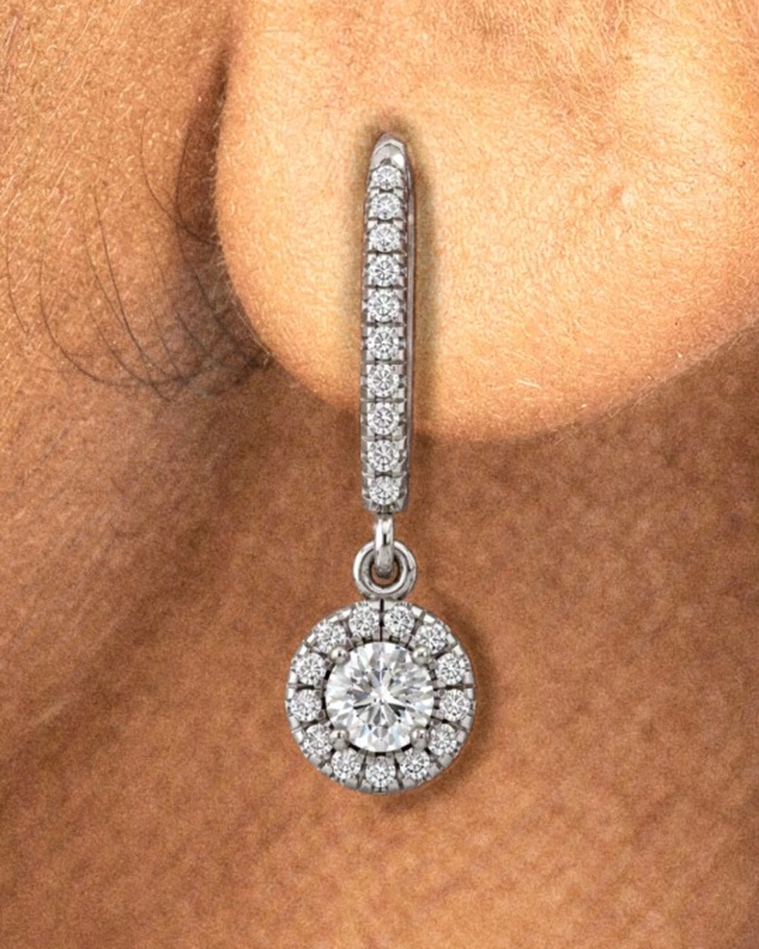 Celeste Drop Earrings, white stone, rhodium finish, worn