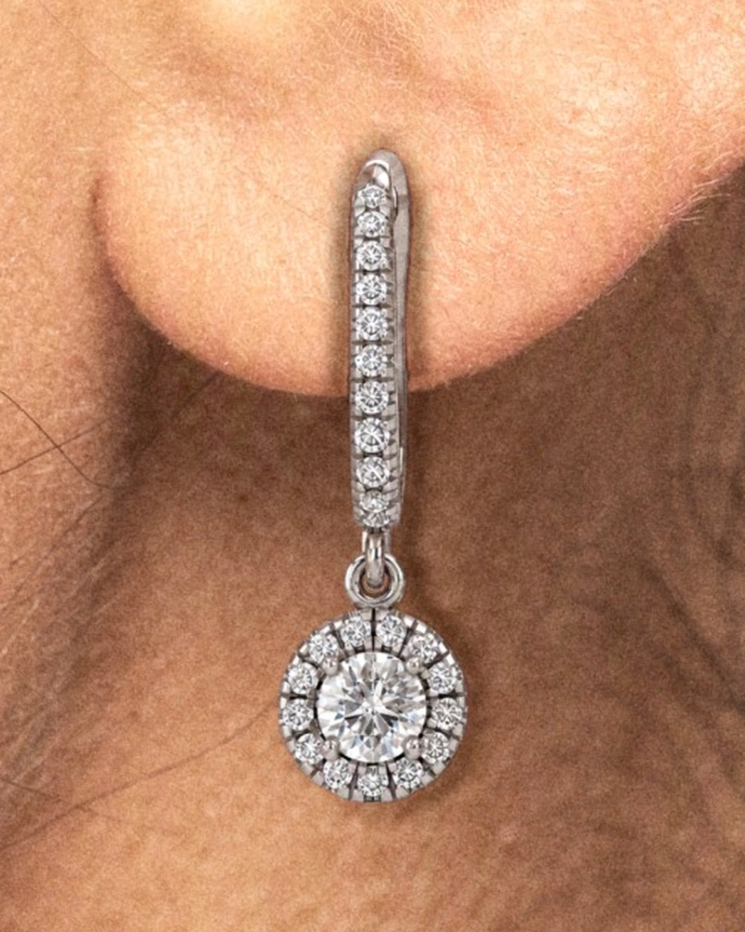 Celeste Drop Earrings, white stone, rhodium finish, worn