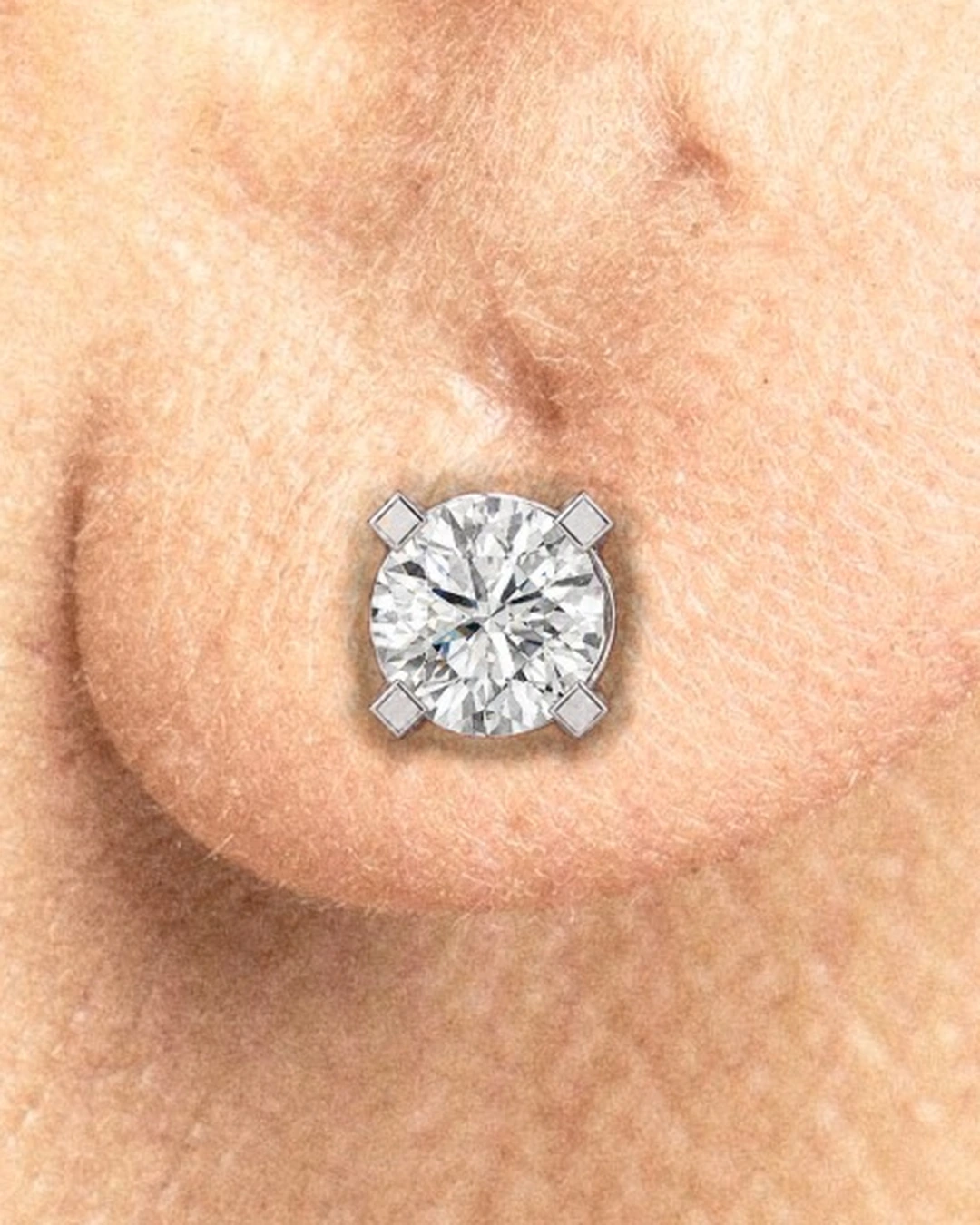Classic Stud Earrings, white stone, rhodium finish, worn