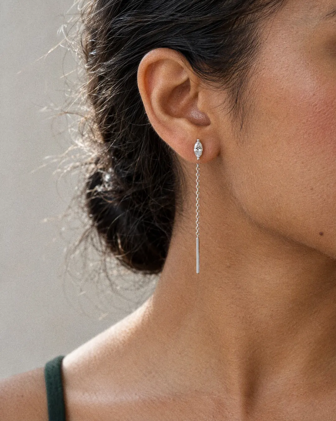 Petite Marquise Sui Dhaga Earrings, white stone, rhodium finish, worn