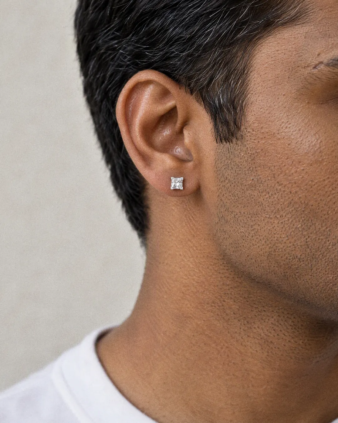 Square Stud Earrings, white stone, rhodium finish, worn