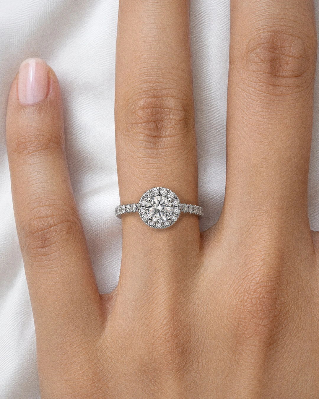 Celeste Halo Ring, white stone, rhodium finish, worn