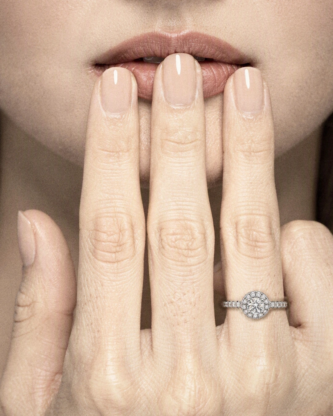 Celeste Halo Ring, white stone, rhodium finish, worn