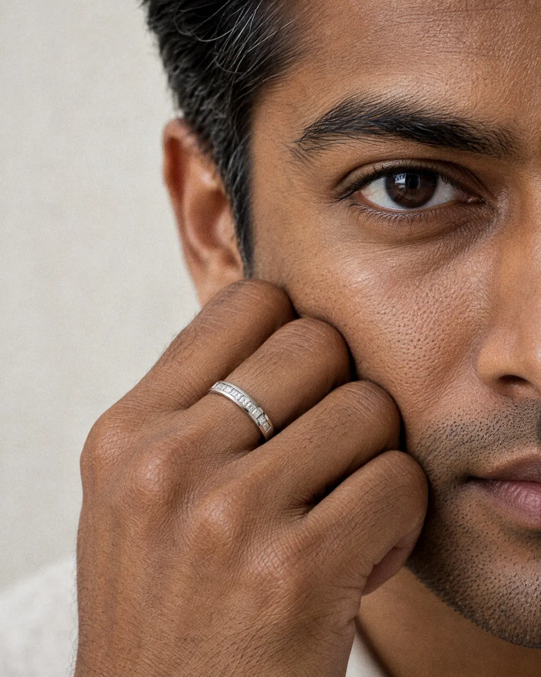 Square Eternity Ring, white stone, rhodium finish, worn
