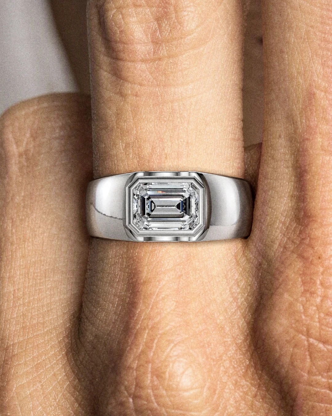 Frame Solitaire Ring, white stone, rhodium finish, worn