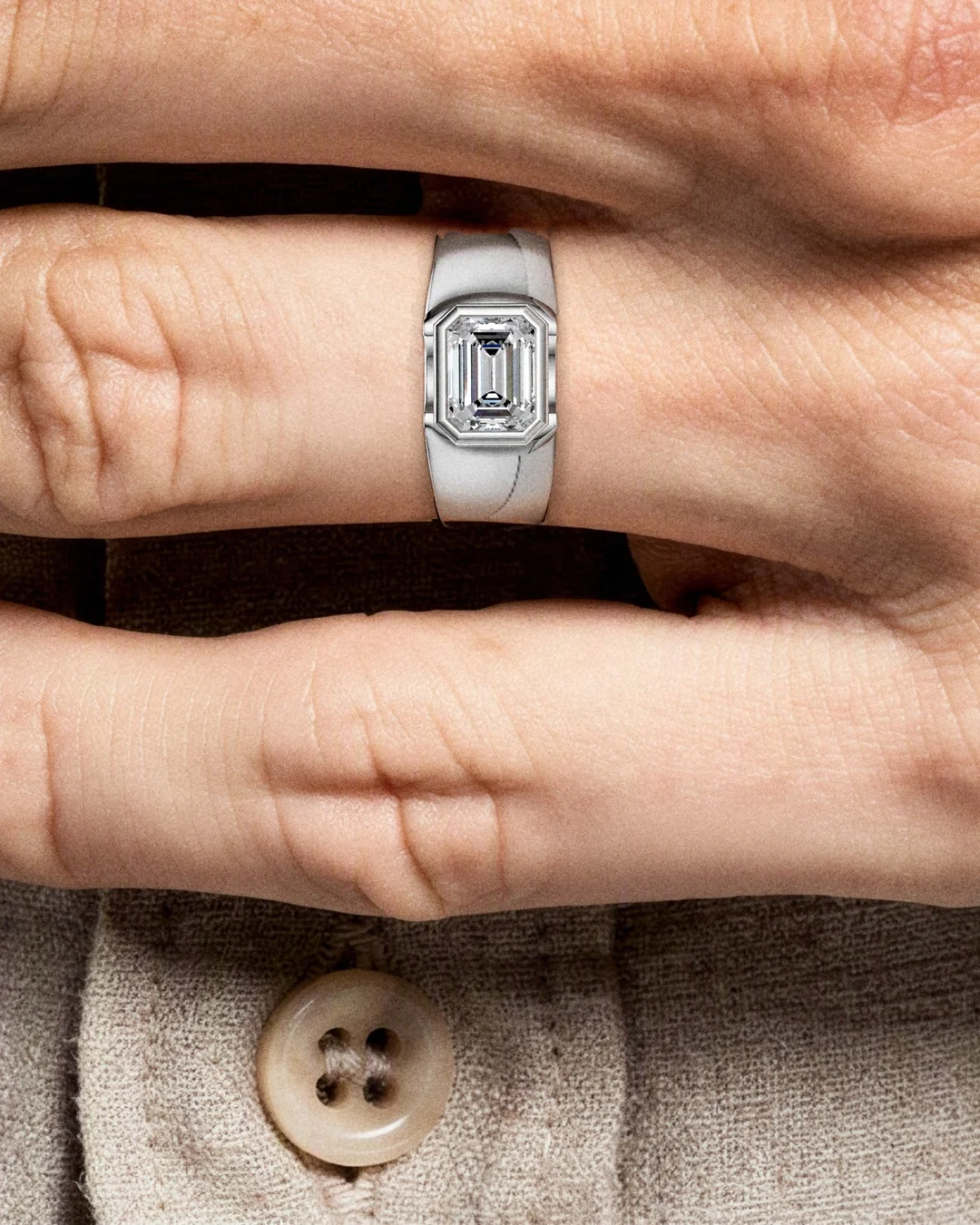 Frame Solitaire Ring, white stone, rhodium finish, worn