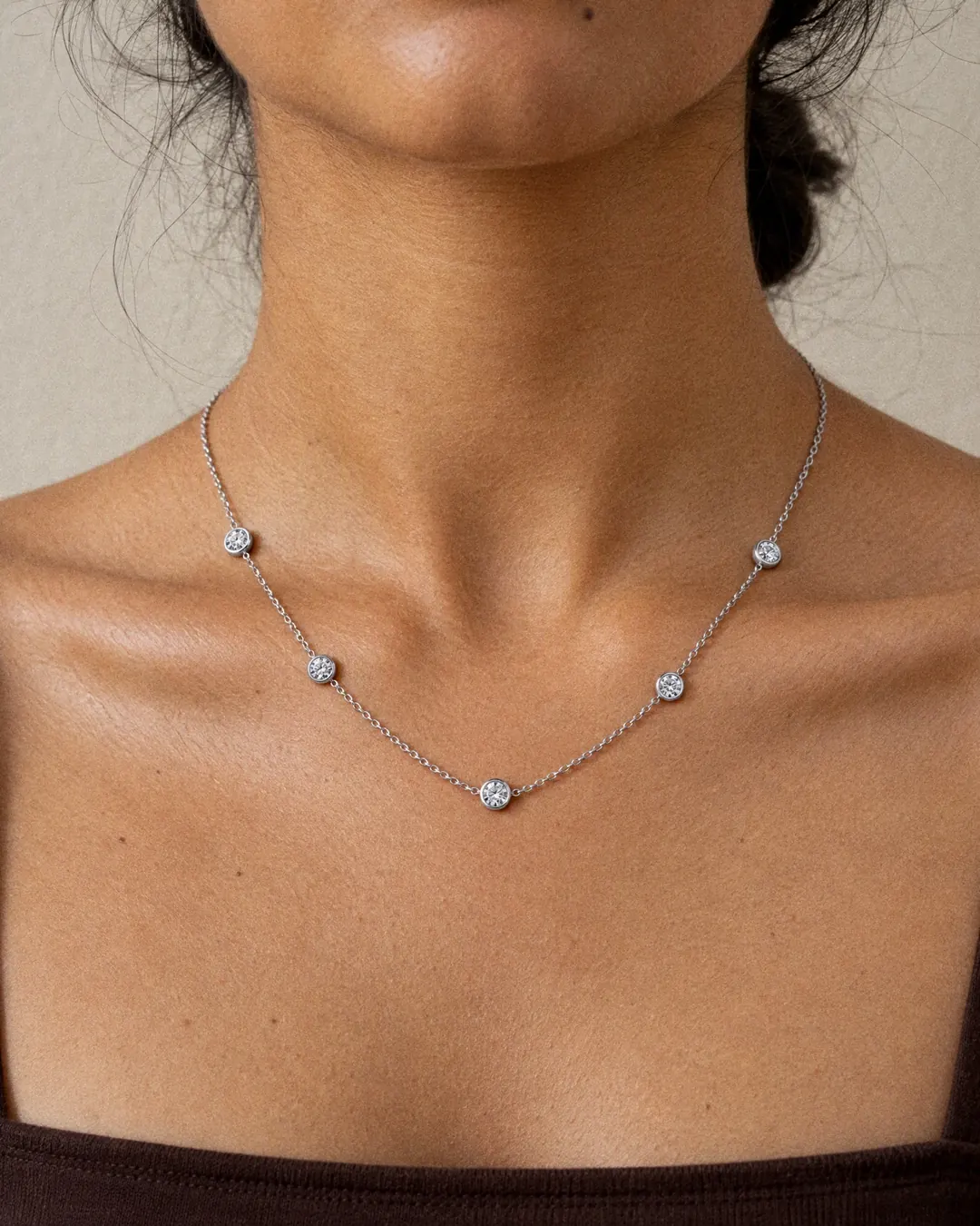 Classic Station Necklace, white stone, rhodium finish, worn