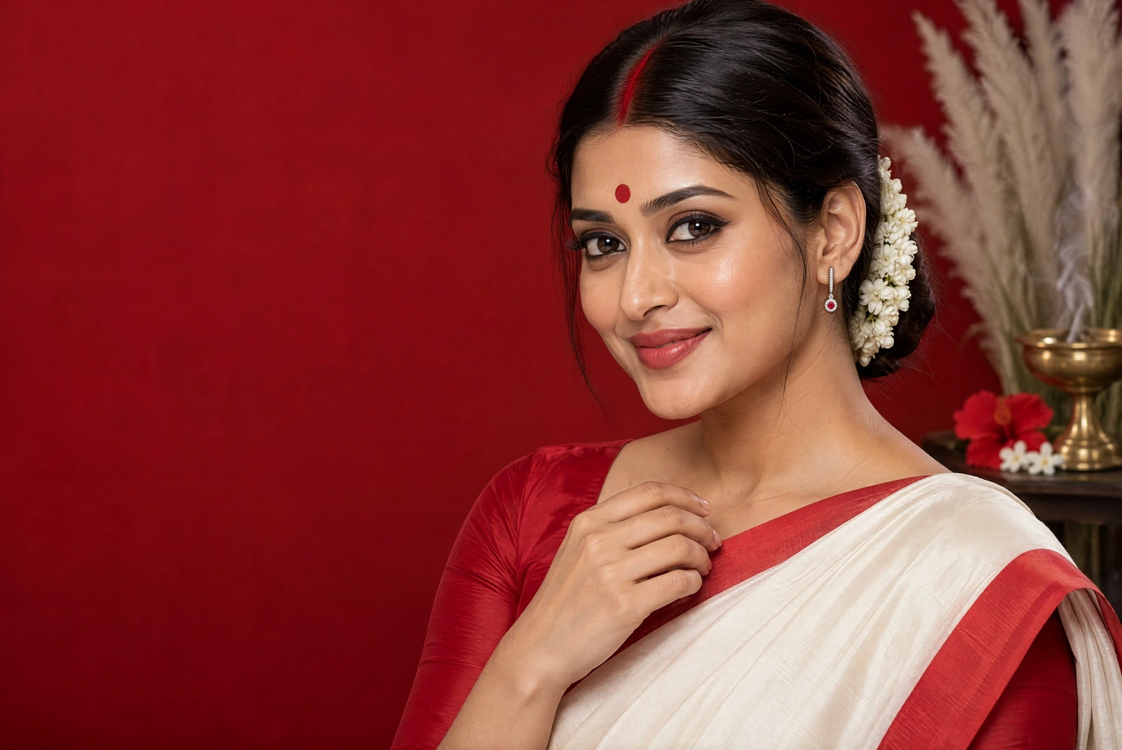 A woman in an off-white saree with a red border and a red blouse, sindoor in her parting and white flowers in her hair, wearing the Celeste Drop Earrings with a red stone