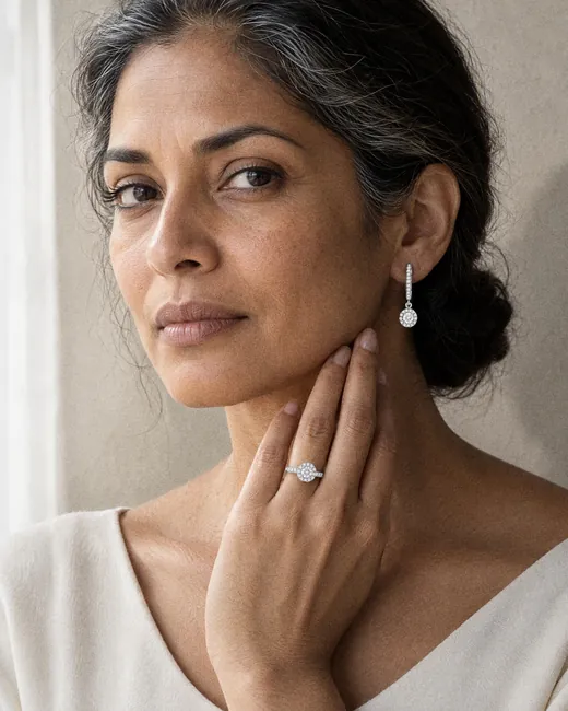 A woman with silver in her hair resting her hand at her jaw, wearing the Celeste Halo Ring and the Celeste Drop Earrings