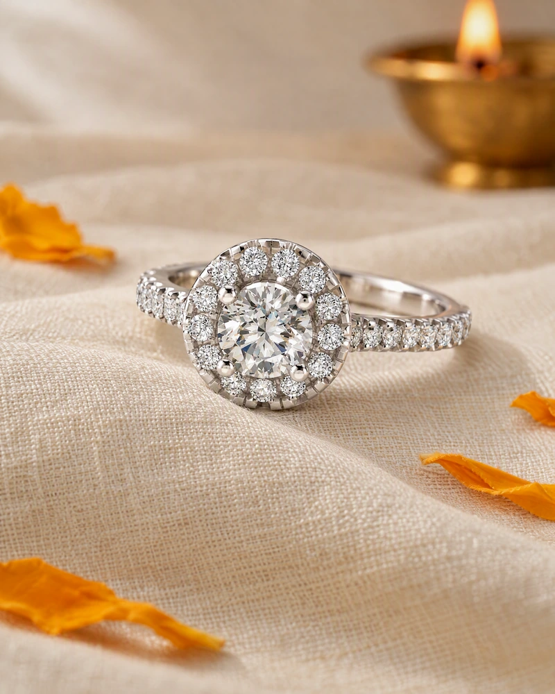 The Celeste Halo Ring on ivory silk among marigold petals, a brass diya burning behind it