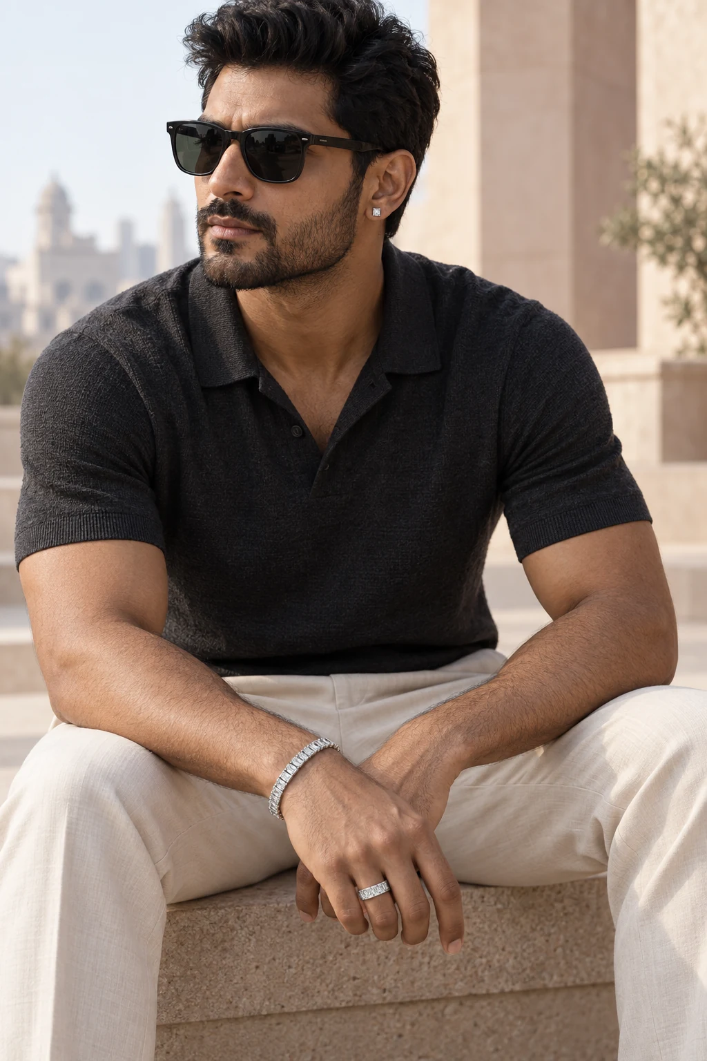 City light: An Indian man wearing the Square Eternity Ring, princess-cut Square Stud Earrings and the Emerald-Cut Tennis Bracelet together
