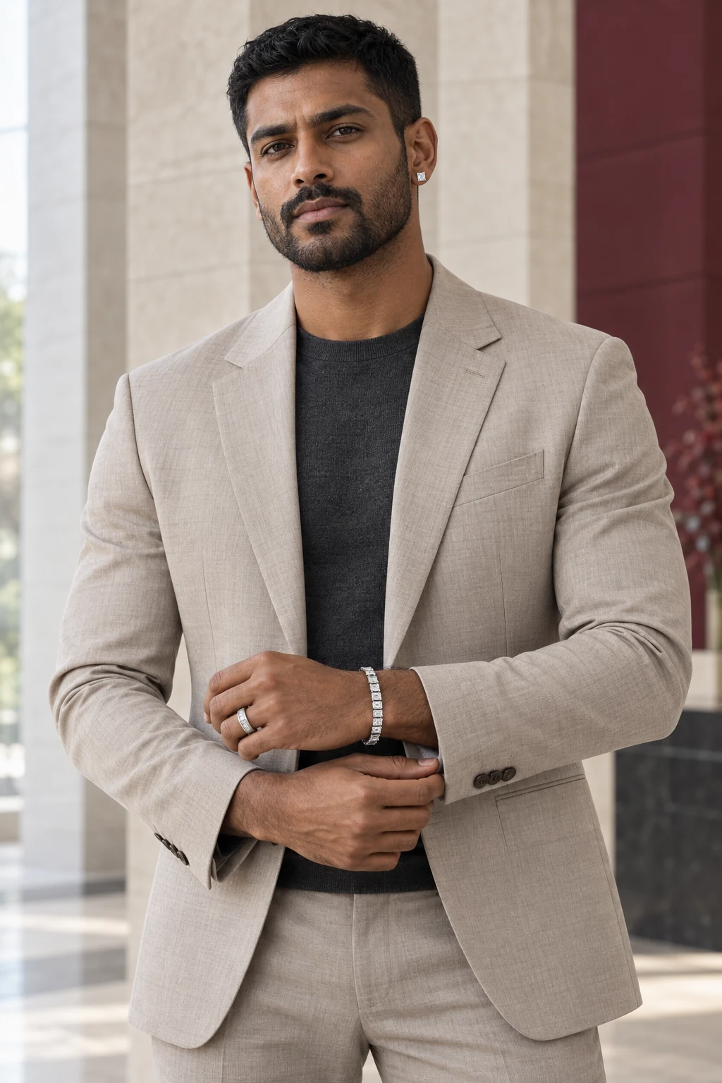 On your terms: An Indian man wearing the Square Eternity Ring, princess-cut Square Stud Earrings and the Emerald-Cut Tennis Bracelet together