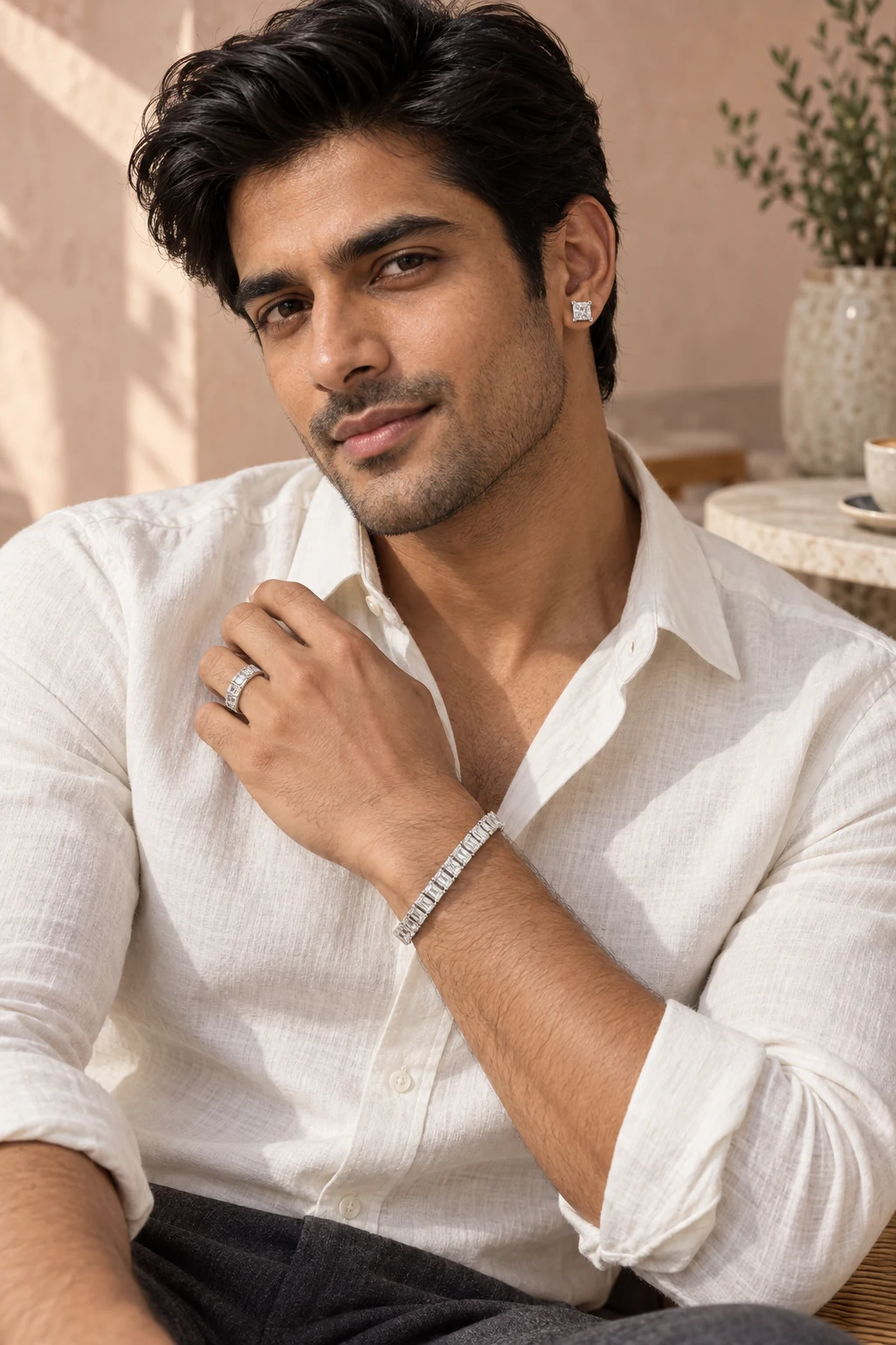 An Indian man wearing the Square Eternity Ring, princess-cut Square Stud Earrings and the Emerald-Cut Tennis Bracelet together