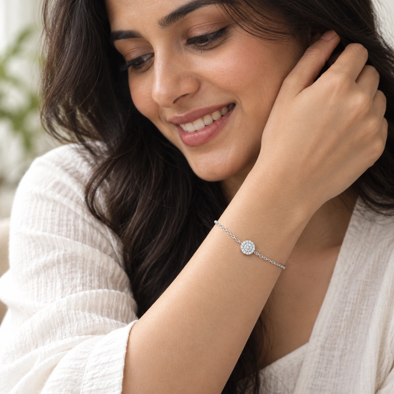 Celeste Halo Bracelet, white stone, rhodium finish — worn close