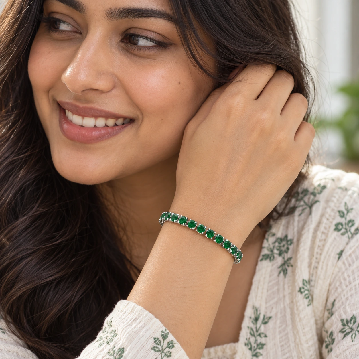 Classic Tennis Bracelet, green stone, rhodium finish — worn close