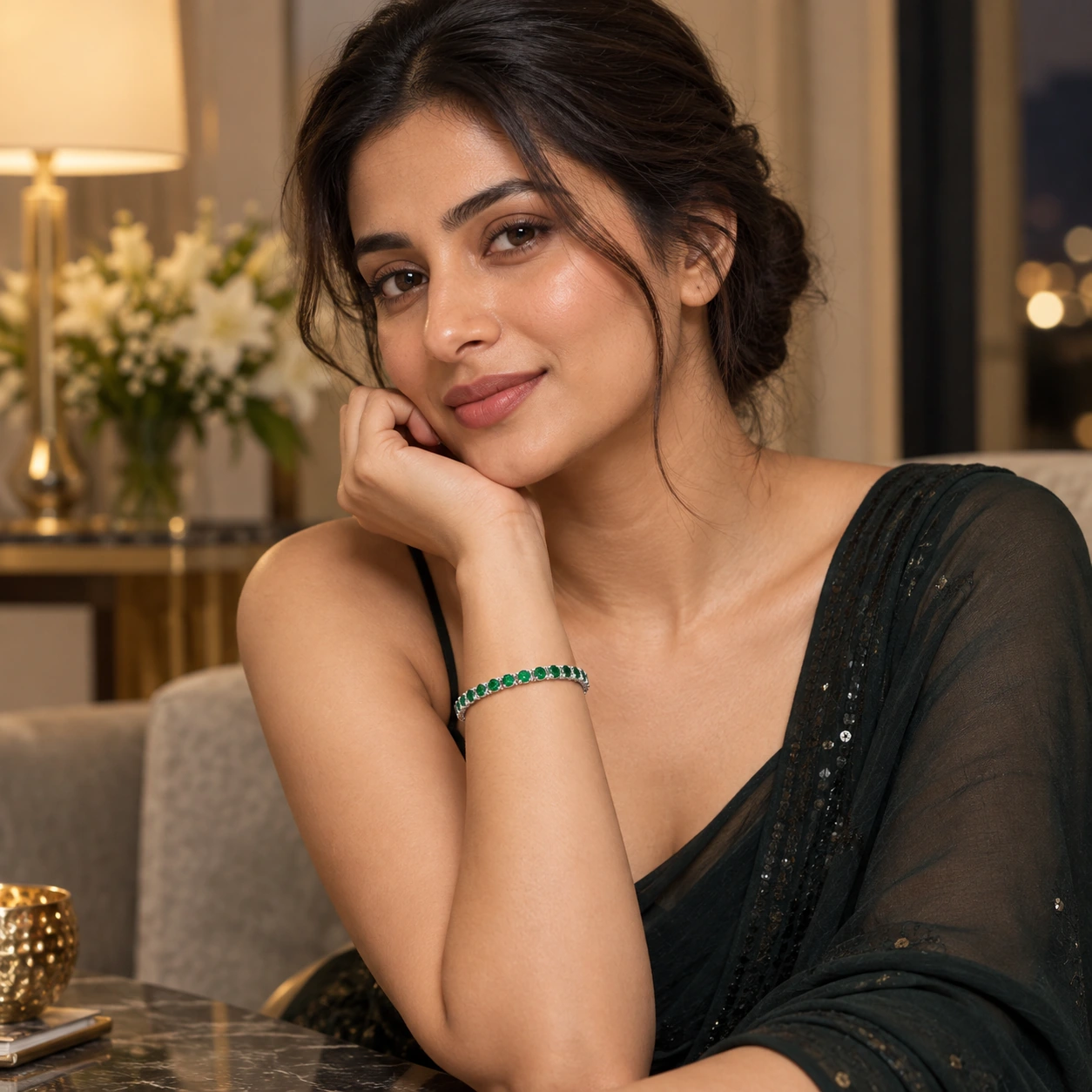 Classic Tennis Bracelet, green stone, rhodium finish — worn editorial