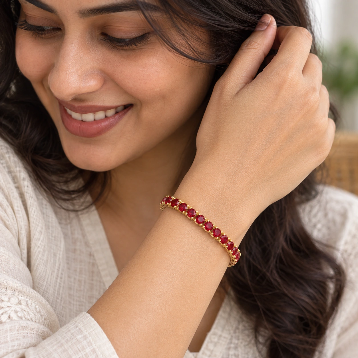 Classic Tennis Bracelet, red stone, gold finish — worn close