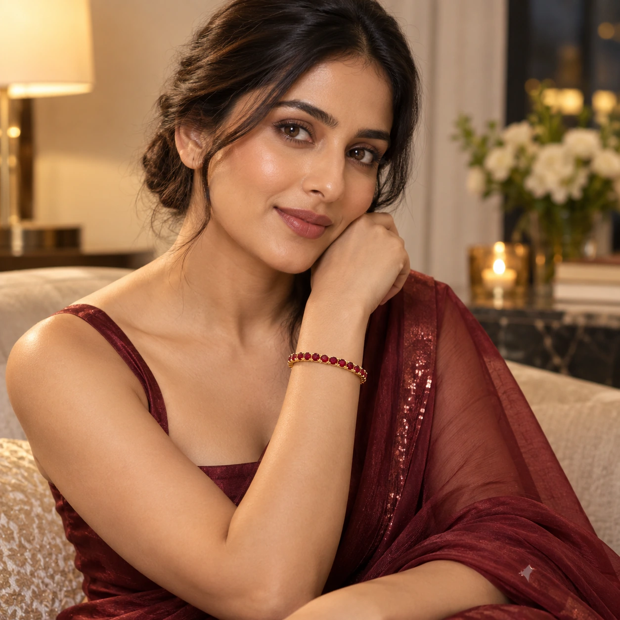 Classic Tennis Bracelet, red stone, gold finish — worn editorial