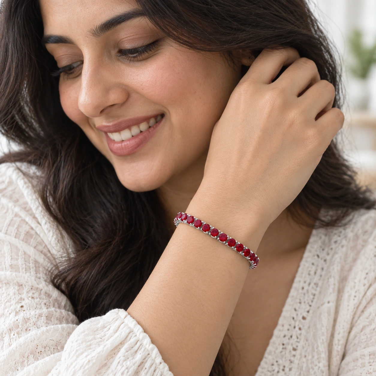 Classic Tennis Bracelet, red stone, rhodium finish — worn close