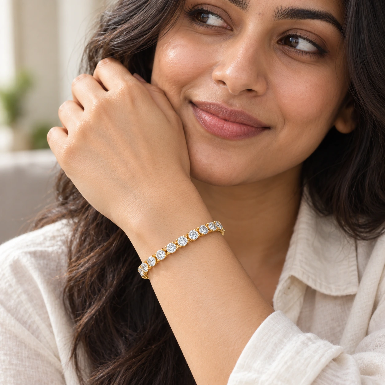 Classic Tennis Bracelet, white stone, gold finish — worn close