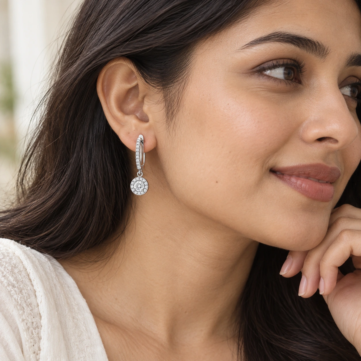 Celeste Drop Earrings, white stone, rhodium finish — worn close