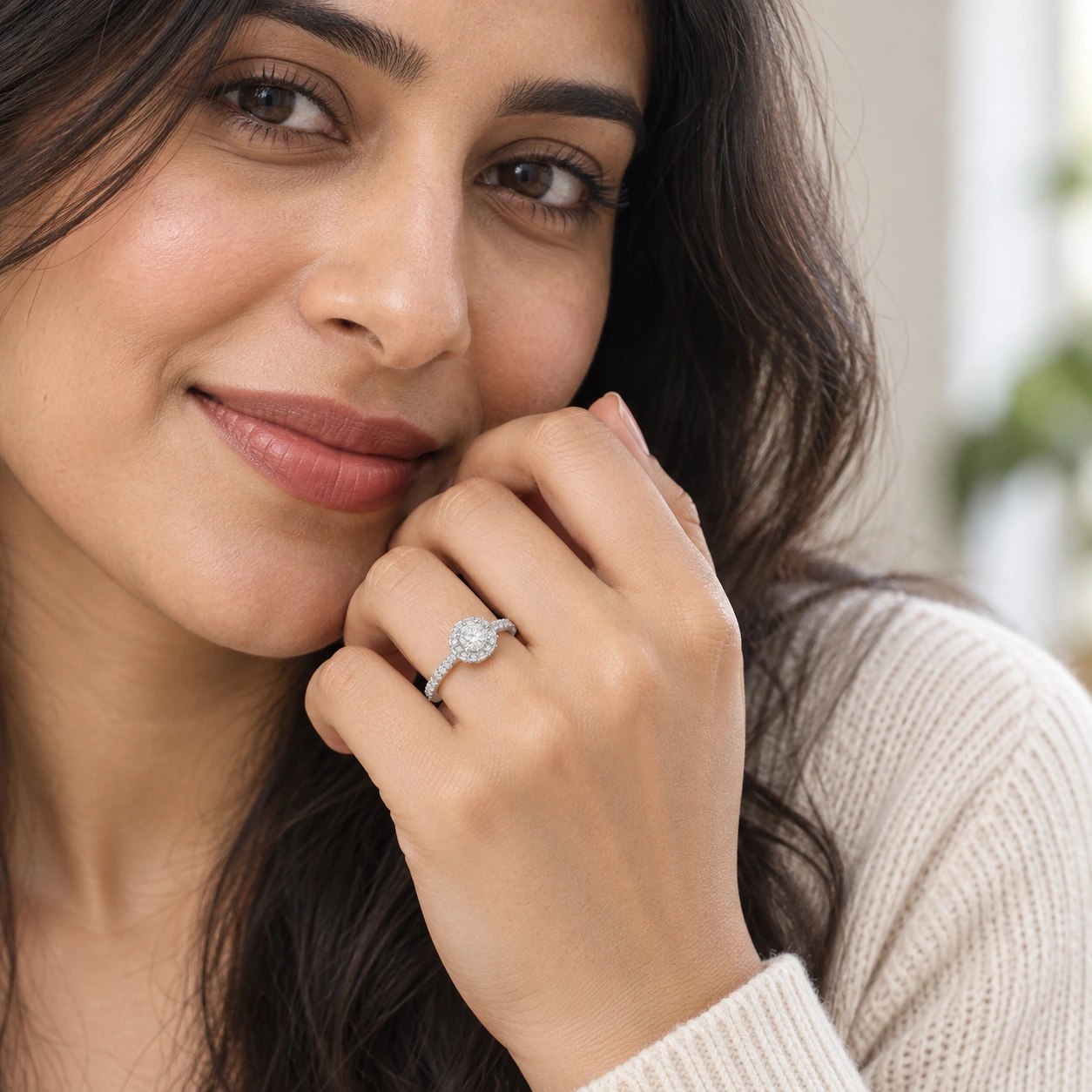 Celeste Halo Ring, white stone, rhodium finish — worn close