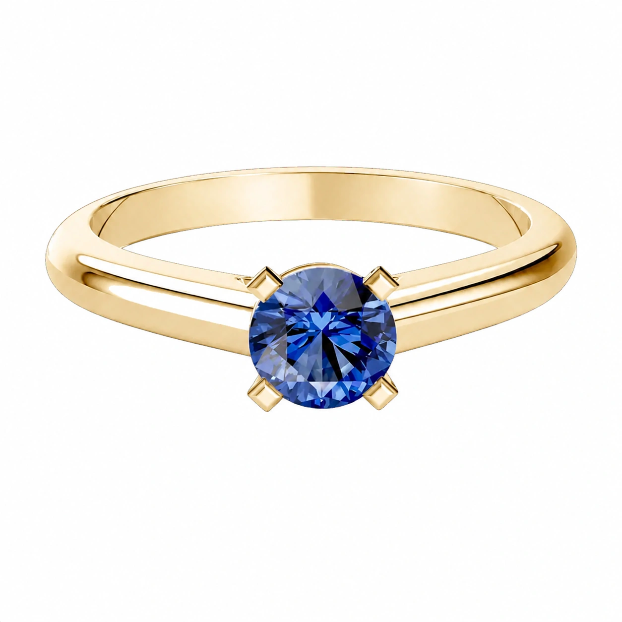 Classic Solitaire Ring, blue stone, gold finish