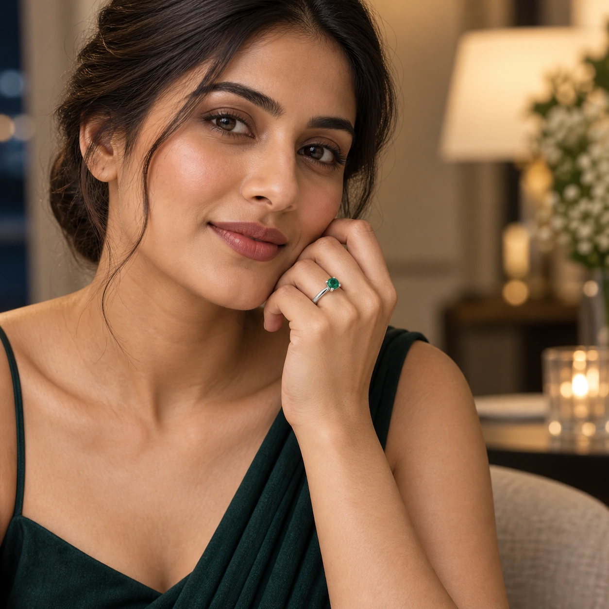 Classic Solitaire Ring, green stone, rhodium finish — worn editorial