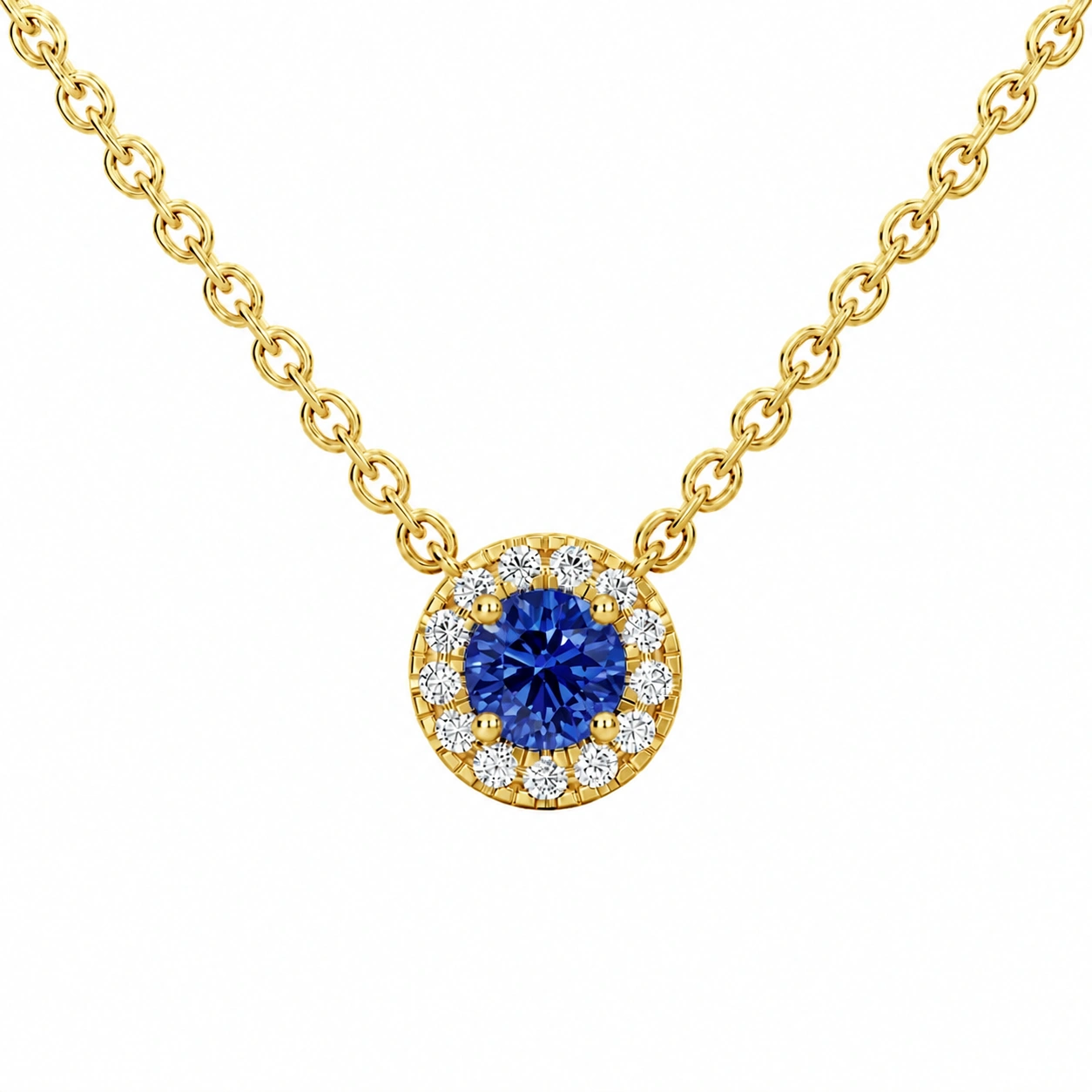 Celeste Halo Pendant, blue stone, gold finish