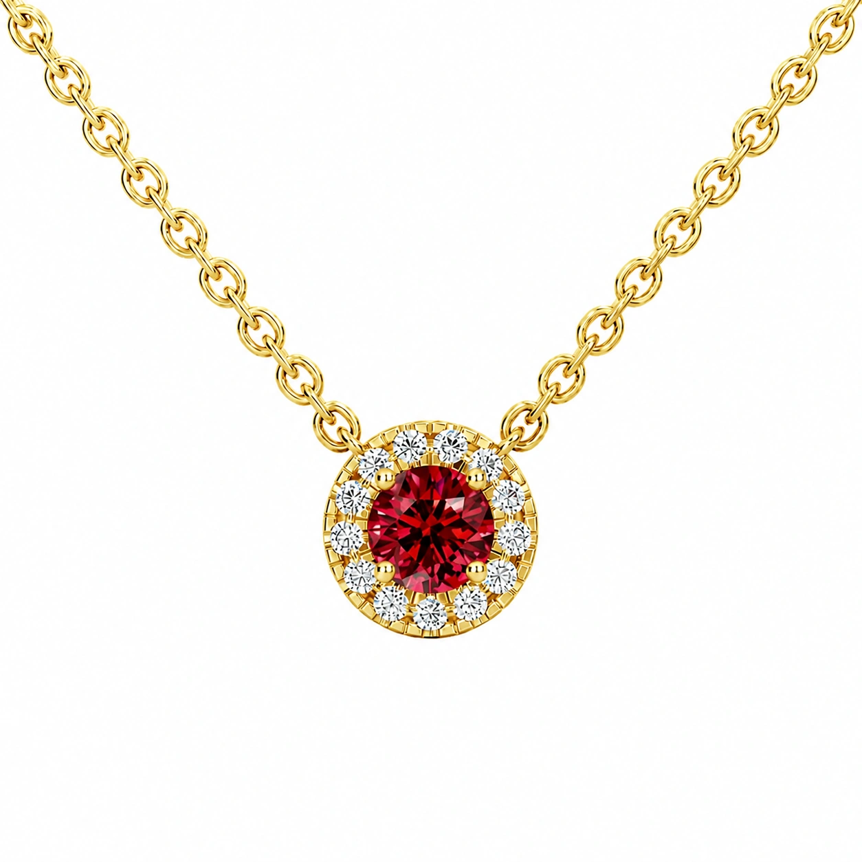Celeste Halo Pendant, red stone, gold finish