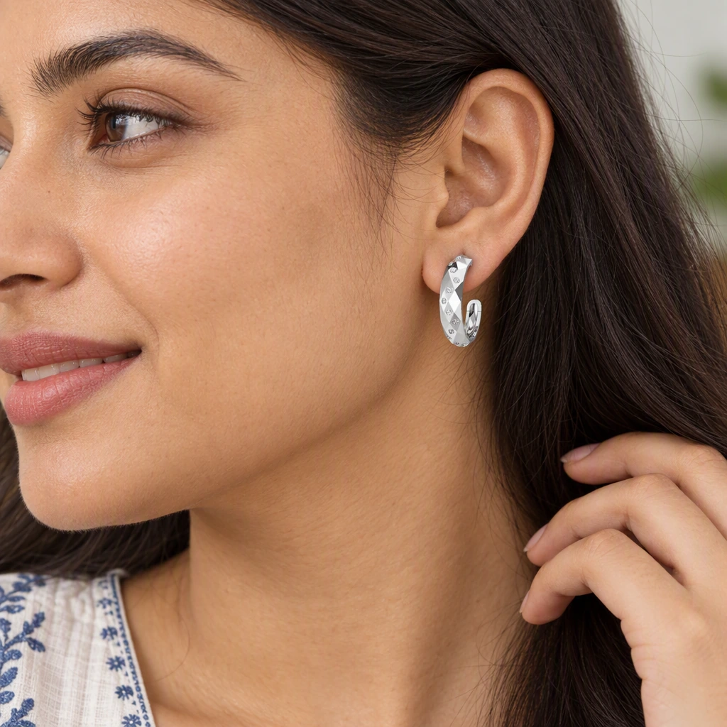 Facetta Multi Stone Hoops, white stone, rhodium finish — worn