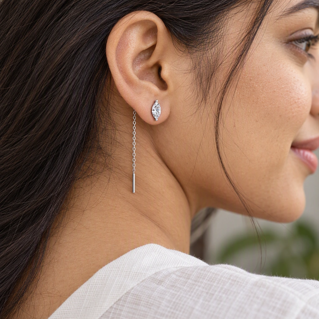 Petite Marquise Sui Dhaga Earrings, white stone, rhodium finish — worn